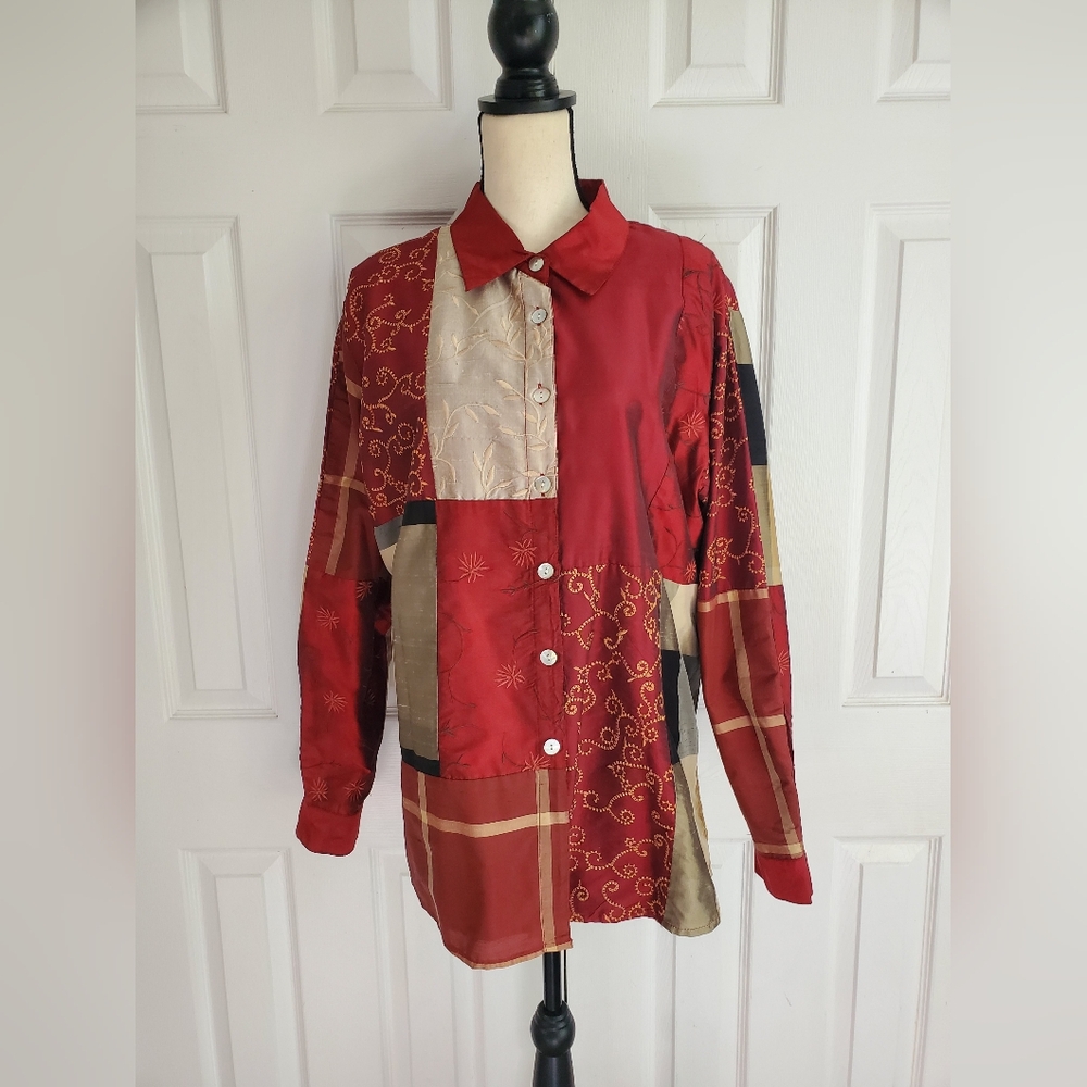 Coldwater Creek Silk Blend Lined Patchwork Shirt Mother Of Pearl Buttons